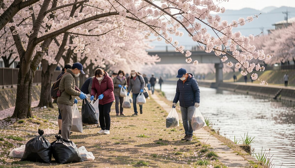 桜の咲く河岸で、幅広い世代のボランティアが軍手とごみ袋を持って清掃する様子。イメージ画像(AI生成)。